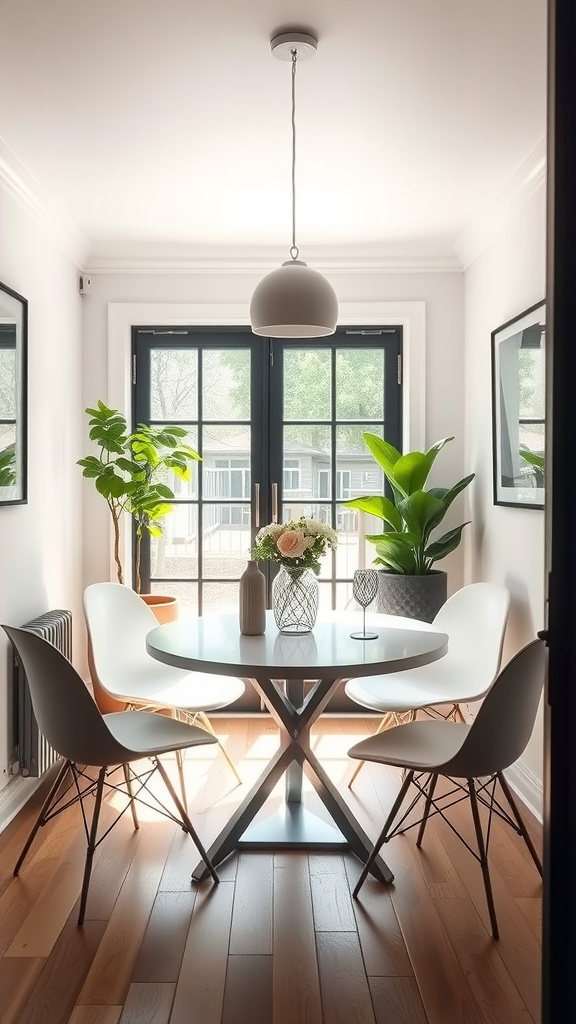 A small dining room featuring a round table with white chairs, plants, and large windows.