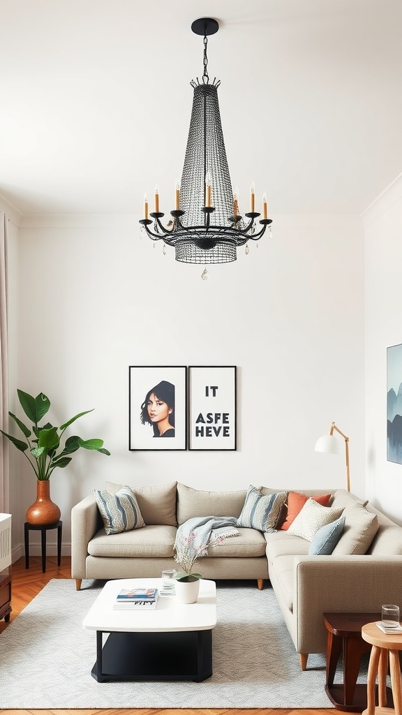 A stylish studio apartment living room featuring a unique black chandelier, cozy beige couch, and artistic wall decor.