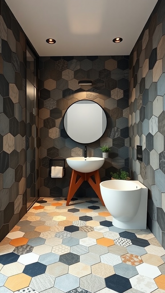 A stylish bathroom featuring hexagon tiles in various shades of gray and orange, with a round mirror and modern fixtures.