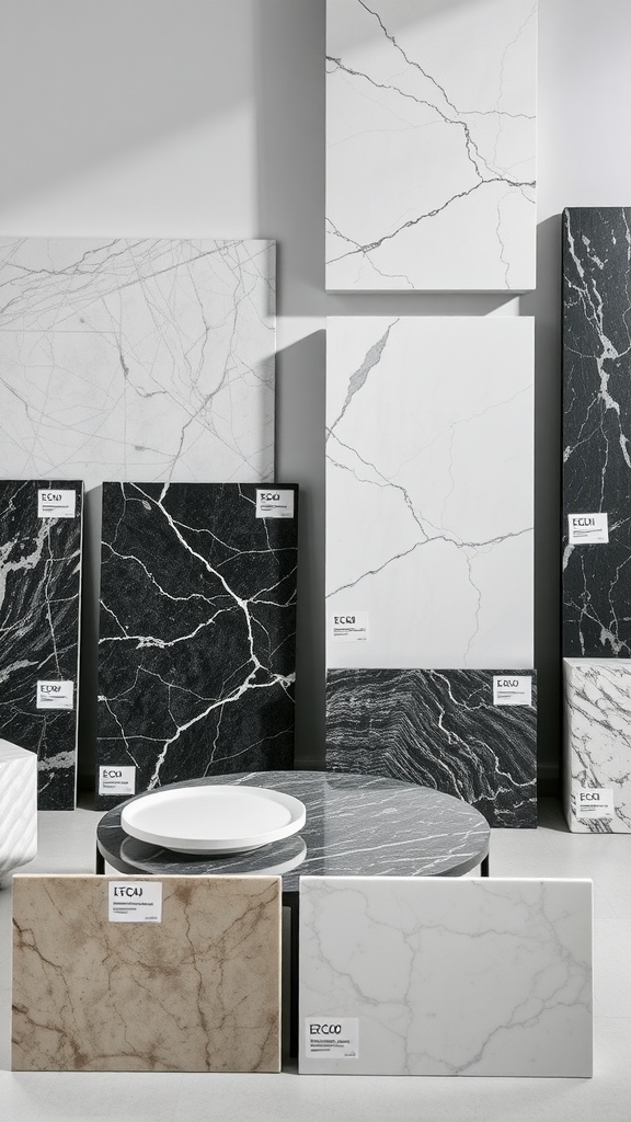 Different types of marble samples displayed, showcasing various colors and patterns for coffee tables.