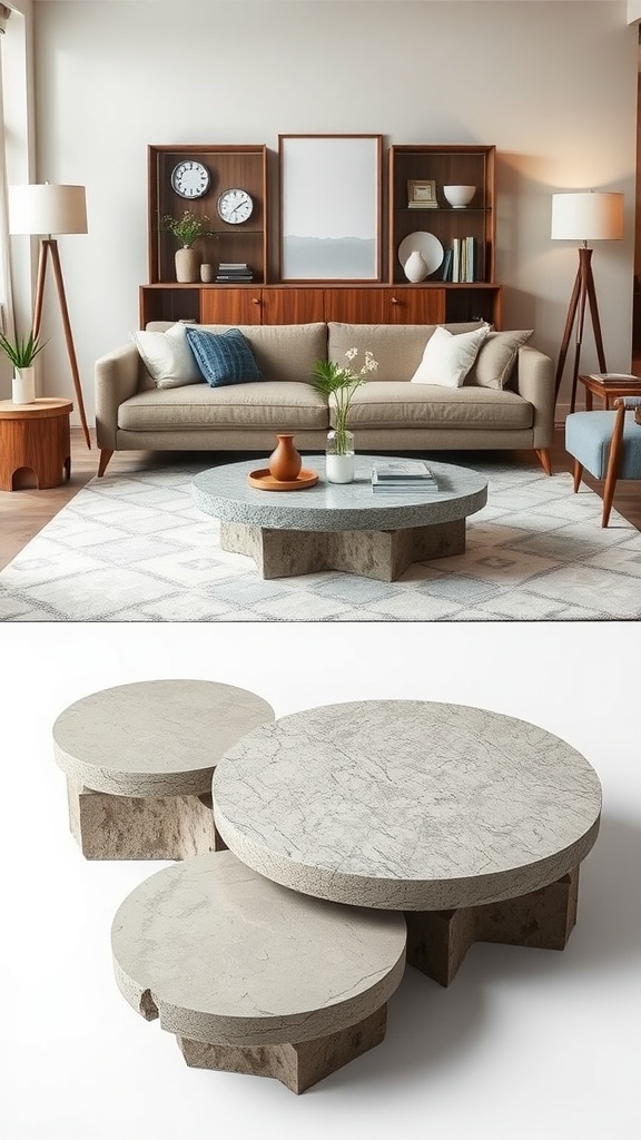 A stylish stone coffee table in a cozy modern living room setting.