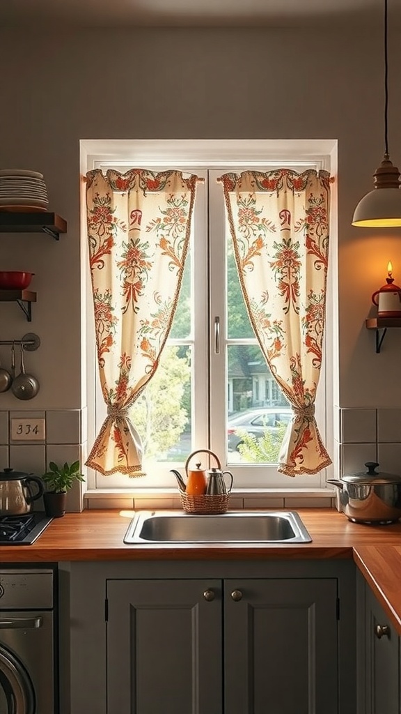 A cozy kitchen with floral café curtains framing a window, showcasing a warm and inviting atmosphere.
