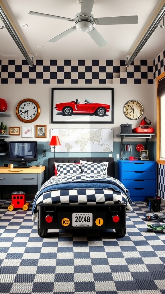 Boys bedroom with classic car garage theme, featuring a car-shaped bed, checkered floor, and car-themed decor.