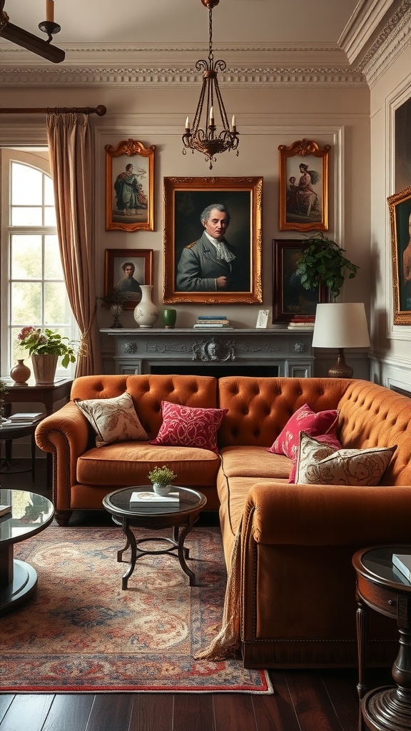 A cozy living room featuring a tufted brown sofa with colorful pillows, elegant artwork on the walls, a chandelier, and a traditional area rug.