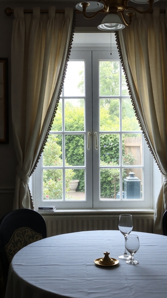 A dining room with classic linen curtains framing a window, a round table with a white tablecloth, and glasses on it.