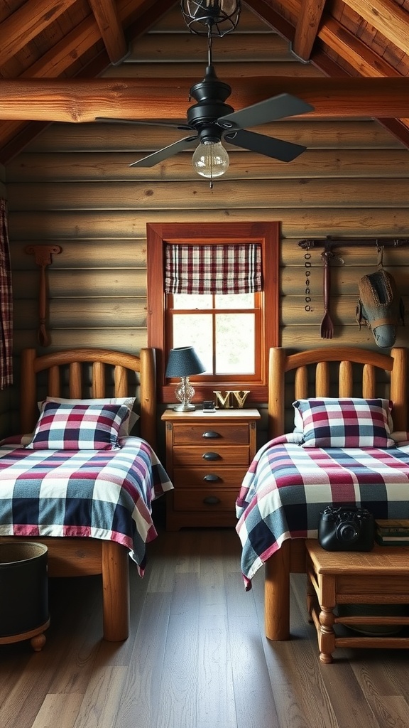 A cozy rustic bedroom featuring two wooden twin beds with plaid blankets, a wooden nightstand, and natural wood walls.