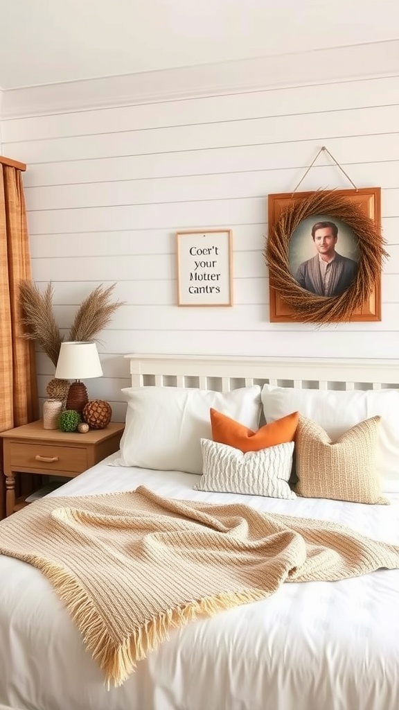 A cozy bedroom featuring a classic shiplap accent wall, a neatly made bed with decorative pillows, and framed artwork.