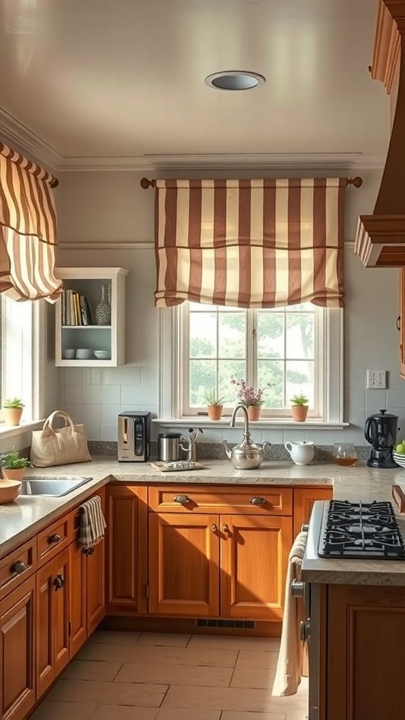 A cozy kitchen with classic striped cafe curtains, wooden cabinets, and natural light.