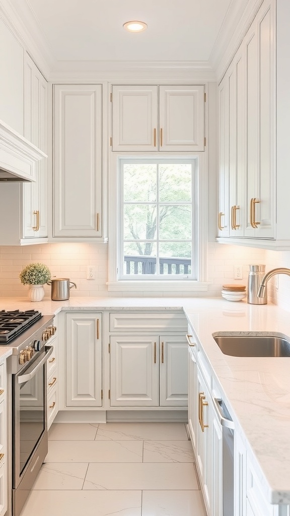 A modern kitchen with white cabinets, gold hardware, and a bright window.