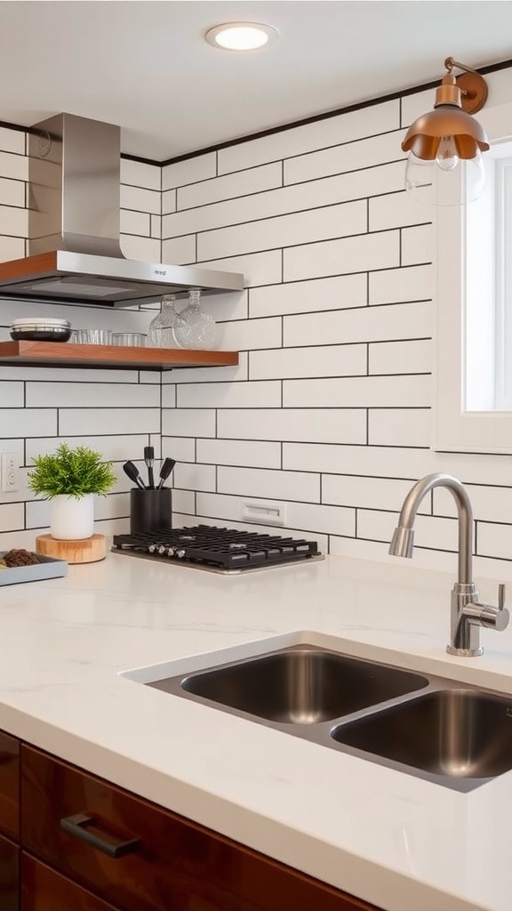 Kitchen featuring classic white subway tiles with black grout, modern appliances, and wooden accents.