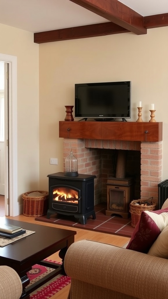 Cozy living room featuring a classic wood-burning stove, wooden mantel, and warm decor