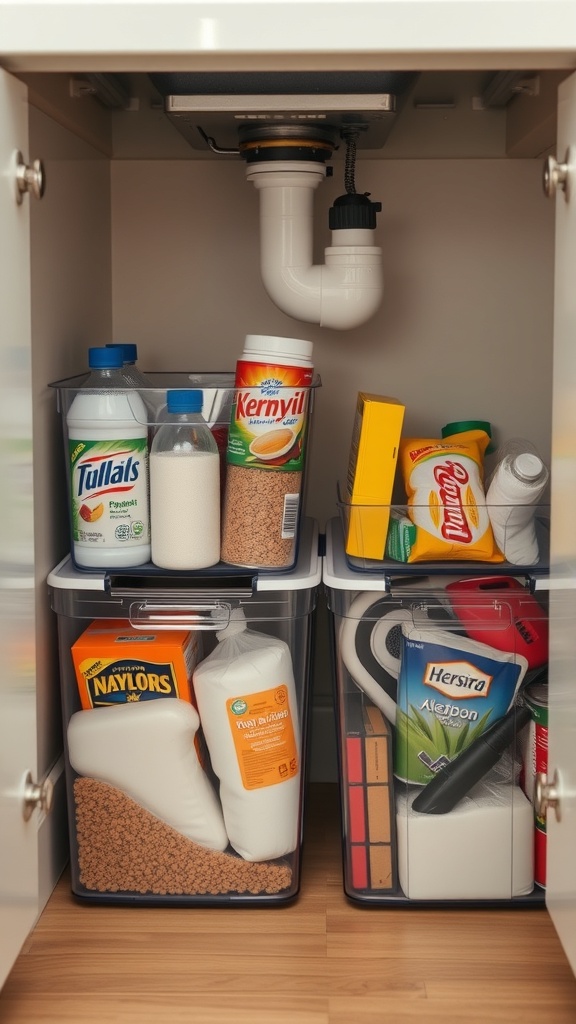 Organized kitchen sink area with clear storage bins holding various cleaning supplies and items.