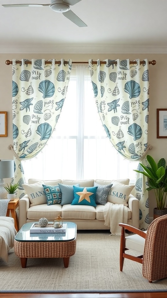 A cozy living room with cafe curtains featuring sea-themed designs, a beige couch with colorful pillows, and natural textures.
