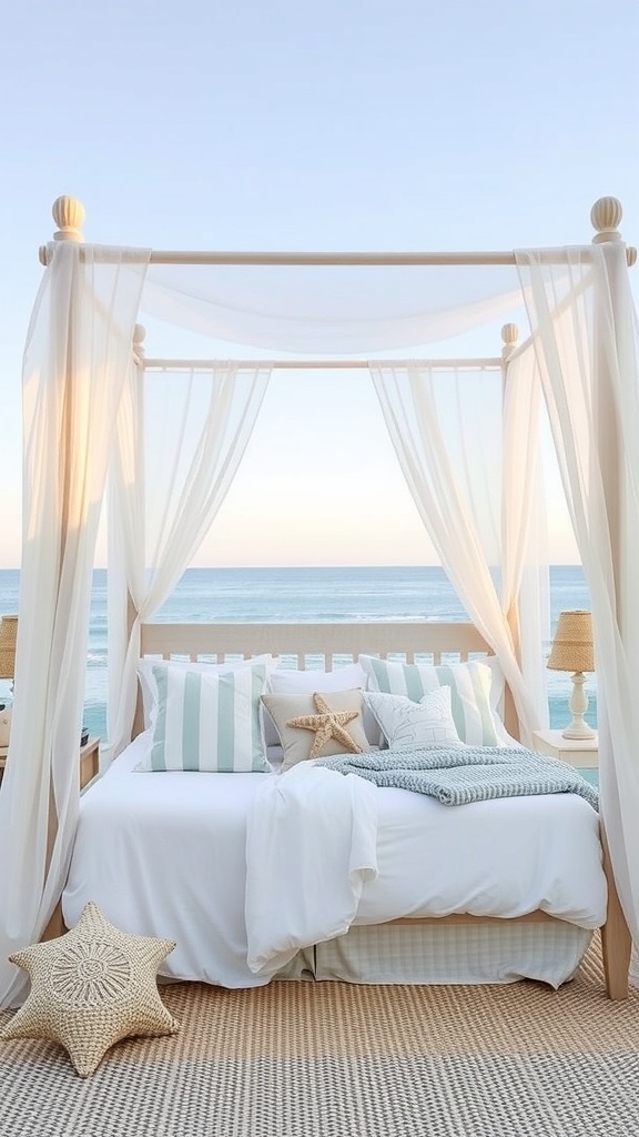 A coastal retreat canopy bed with light drapes, striped pillows, and a starfish accent, overlooking the ocean.