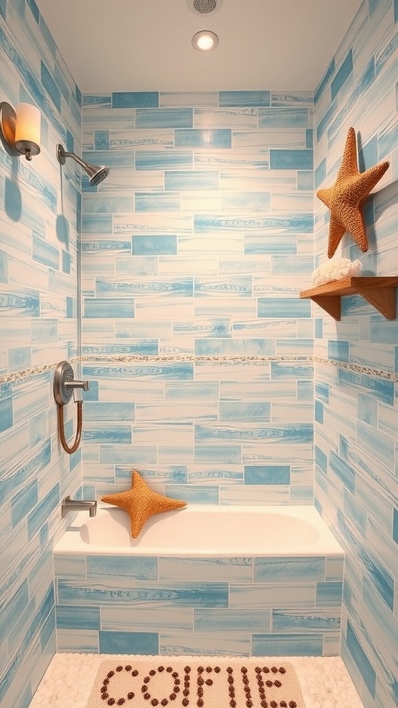 A shower niche with light blue tiles, starfish decor, and a fluffy rug.