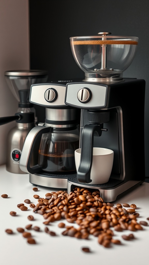 A modern coffee brewing station with a grinder and coffee maker, featuring scattered coffee beans and a white mug.