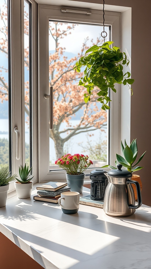 A bright coffee station by a window with a view of trees and plants on the countertop.