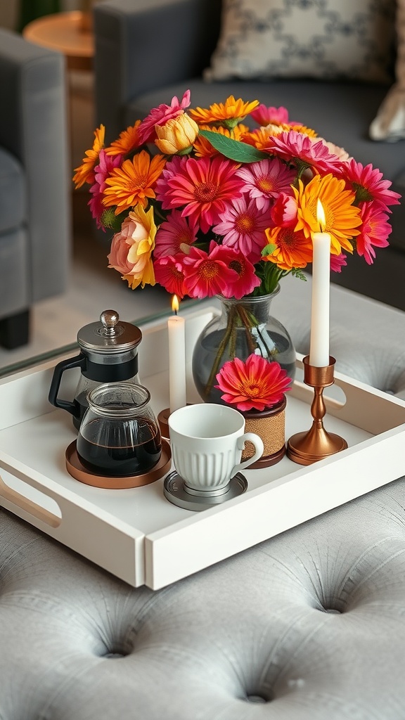 A stylish coffee table tray with flowers, coffee items, and candles on a tufted ottoman.