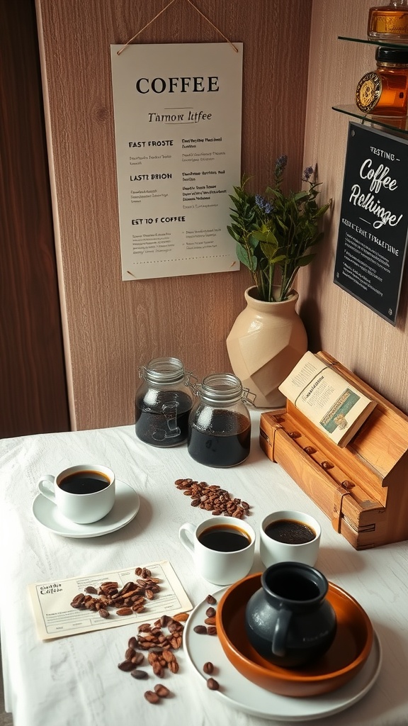A cozy coffee tasting setup with cups, coffee beans, and a menu.