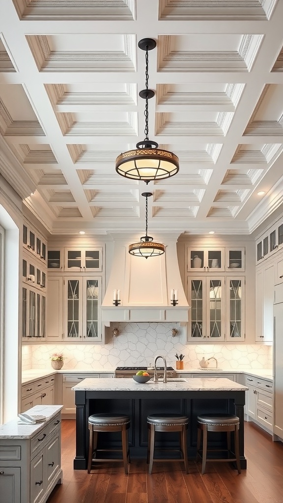 A kitchen featuring a coffered ceiling with elegant lighting fixtures