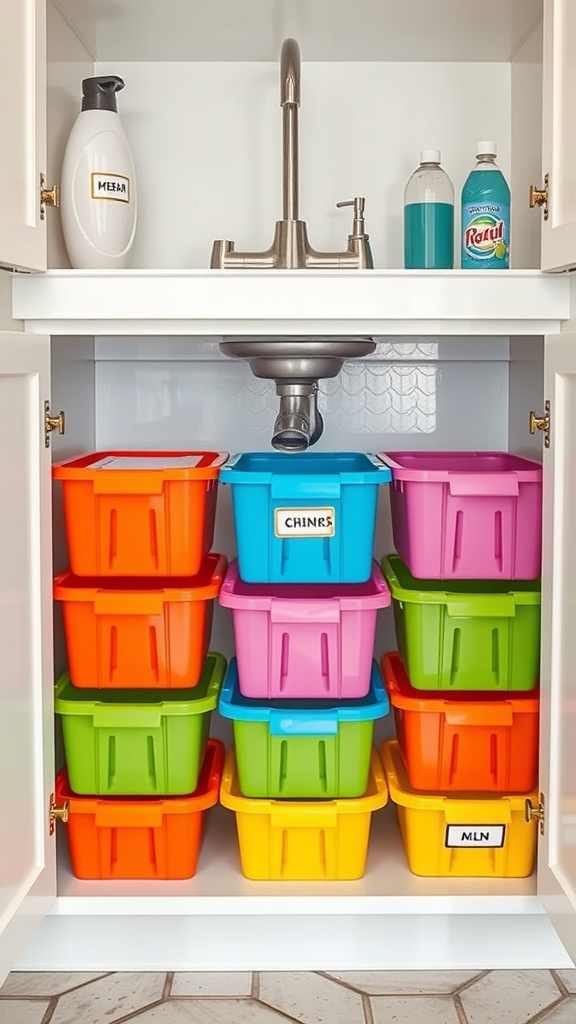 Color-coded bins organized under a kitchen sink, labeled for easy identification.