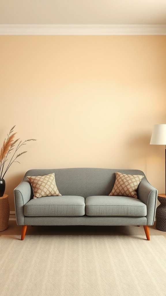 A stylish gray sofa with patterned pillows against a soft beige wall, creating a cozy living room atmosphere.
