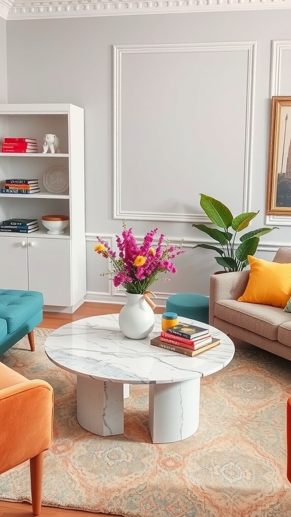 A stylish living room featuring a marble coffee table surrounded by colorful chairs and decor.