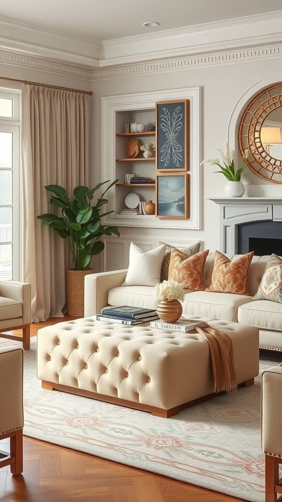 A cozy living room with a beige tufted Ottoman coffee table, warm-toned furniture, and decorative pillows.
