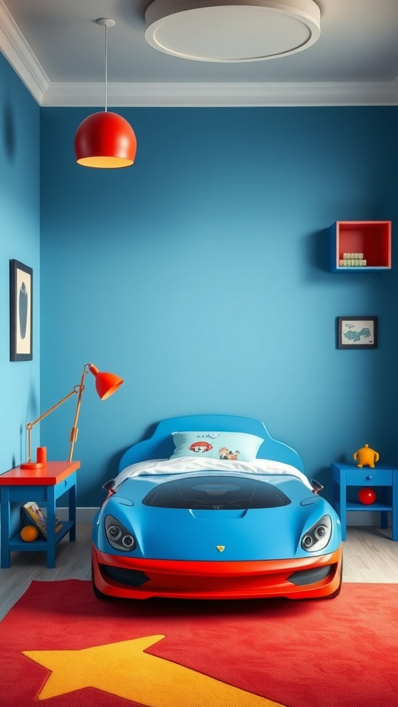 A colorful car-themed bedroom with blue walls, a car bed, red accents, and a bright rug.