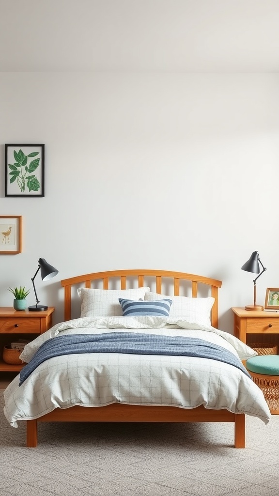 Cozy shared bedroom with wooden bed frame, neutral bedding, and decorative wall art.