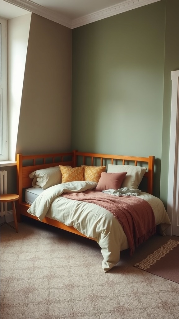 A cozy corner bed with an orange frame and soft green walls, featuring decorative pillows and a pink throw.