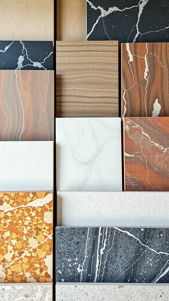 A collection of different stone finishes for coffee tables, showcasing various colors and patterns.