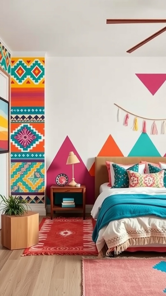 A colorful bohemian bedroom with geometric accent walls and vibrant decor.