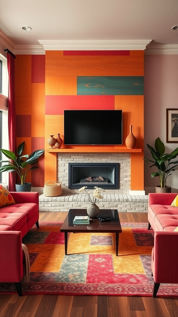 A living room with a colorful accent wall featuring orange, red, and teal panels, a sleek fireplace, and pink sofas.
