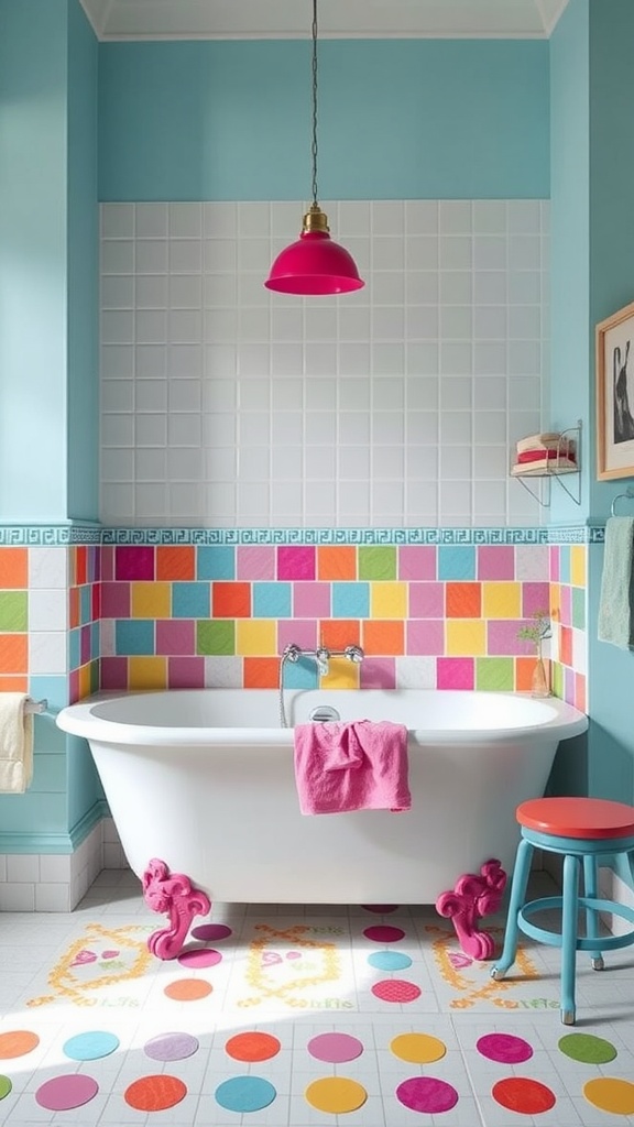 A colorful bathroom with a white bathtub, vibrant tiled walls, and playful decor.