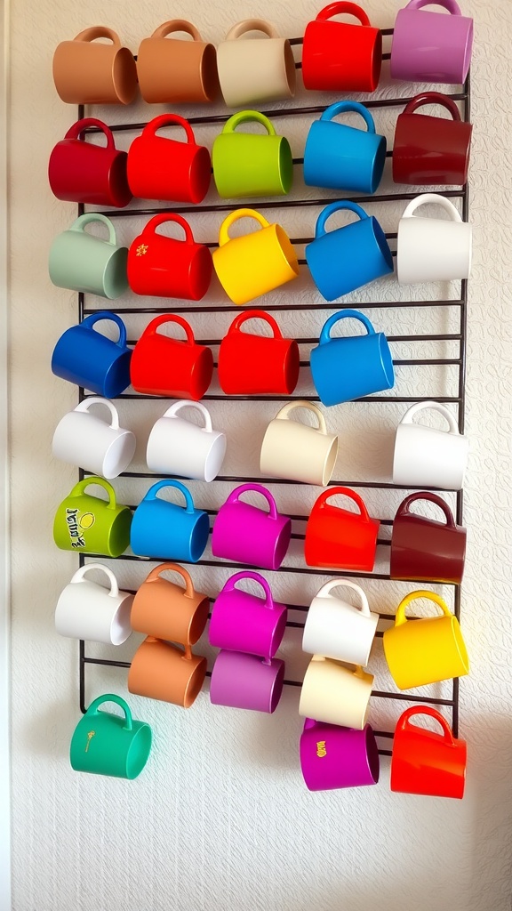 A colorful display of coffee mugs arranged on a wall-mounted rack.