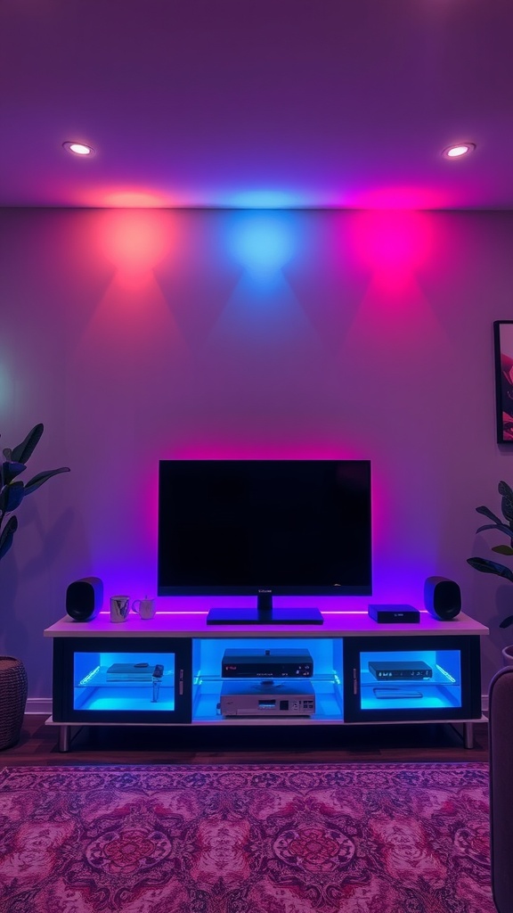 Colorful LED strip lighting around a modern entertainment center with a TV and decorative items.