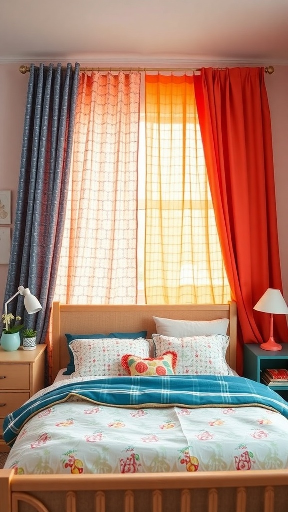 Colorful fabric panels in orange and green hanging behind a bed with a playful bedspread.