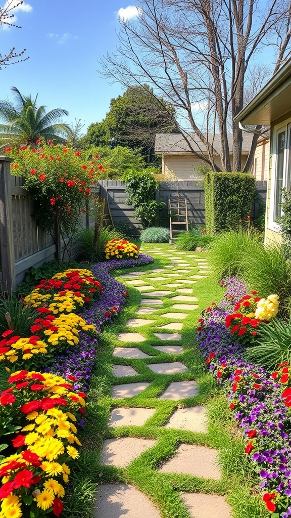 A garden path adorned with vibrant flower borders in red, yellow, and purple.