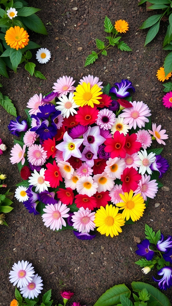 A vibrant flower mandala made of various colorful flowers on the ground.