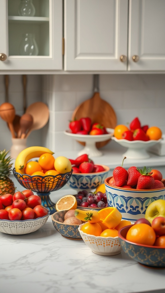 Colorful fruit display in decorative bowls on a kitchen counter
