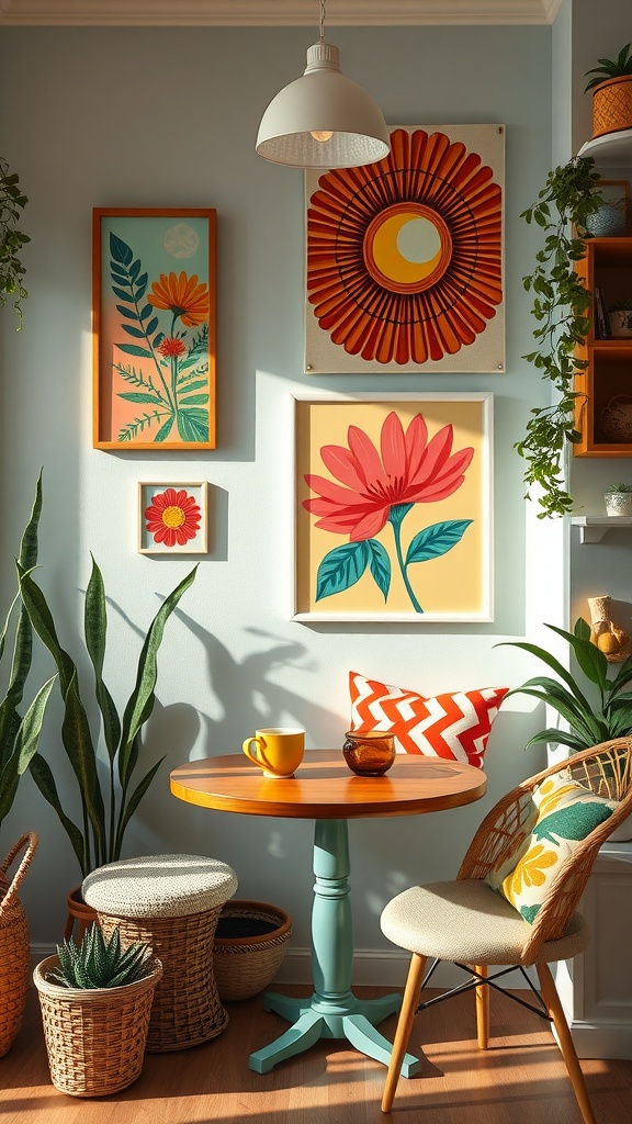 Colorful home coffee nook with vibrant wall art, cozy table, and greenery.