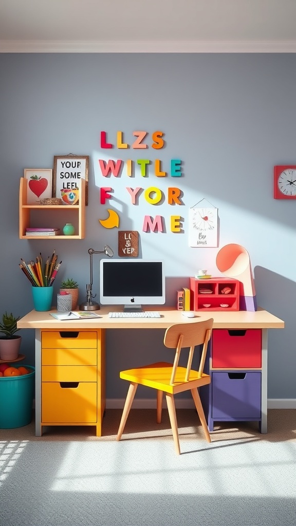 Colorful kids' study area with a desk, colorful drawers, and playful wall decor.