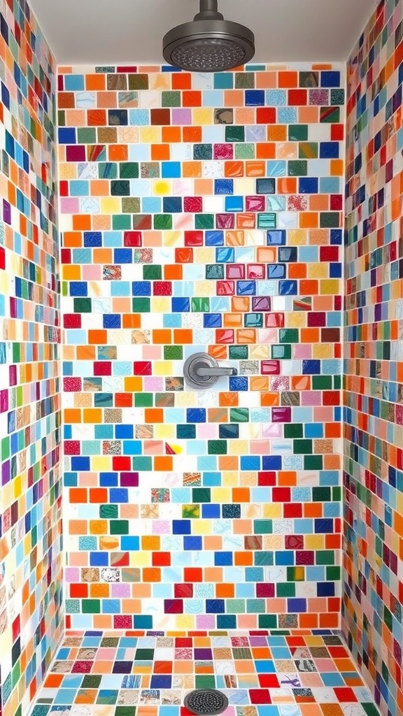 A vibrant shower niche covered in colorful mosaic tiles in various shades and patterns.