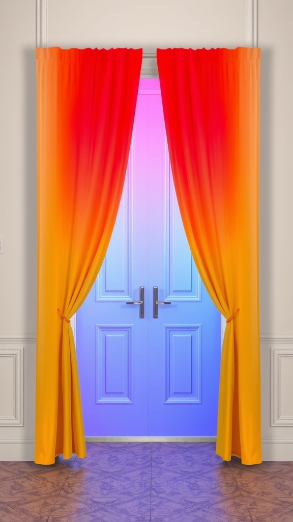 Ombre curtains transitioning from red to orange framing a doorway
