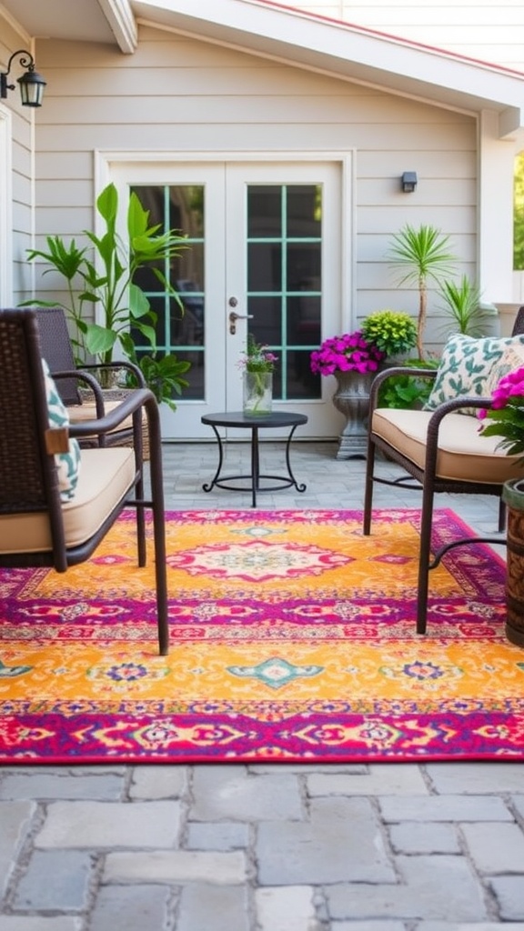 Vibrant outdoor rug in an inviting patio setting with comfortable chairs and greenery.
