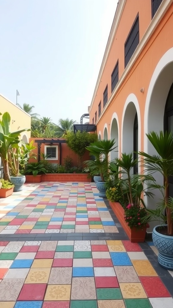 Colorful outdoor tiles in a sunny courtyard surrounded by greenery