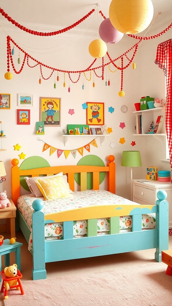 A colorful painted bed frame in a vibrant children's room with playful decor.