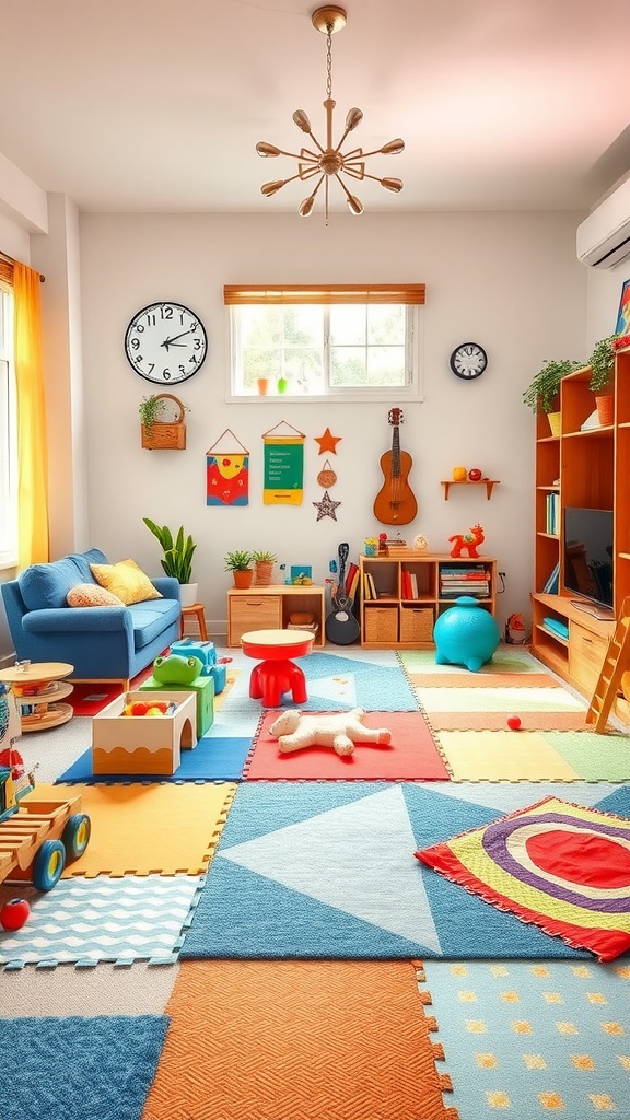 A colorful kids play area in a living room with soft flooring and cozy seating.
