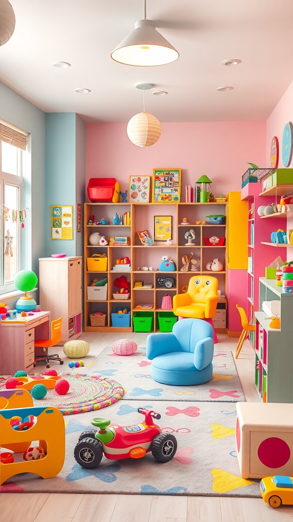 A colorful playroom for kids filled with toys, bright furniture, and cheerful decor.